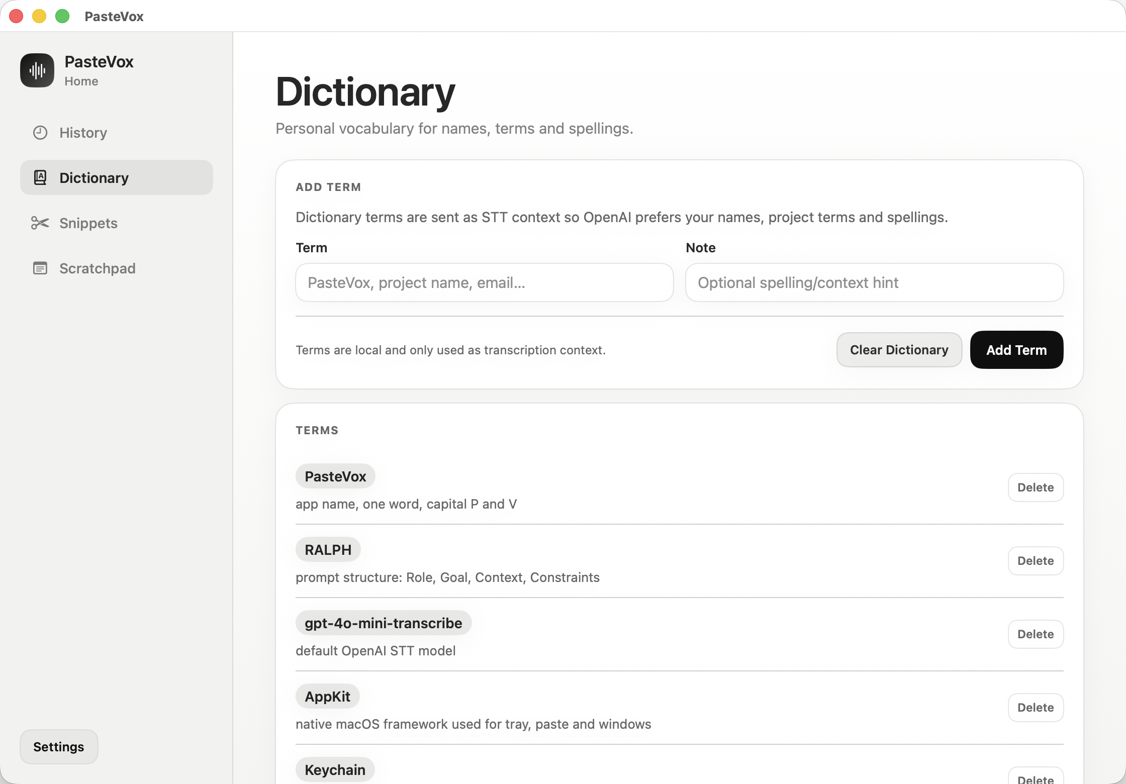 PasteVox dictionary screen