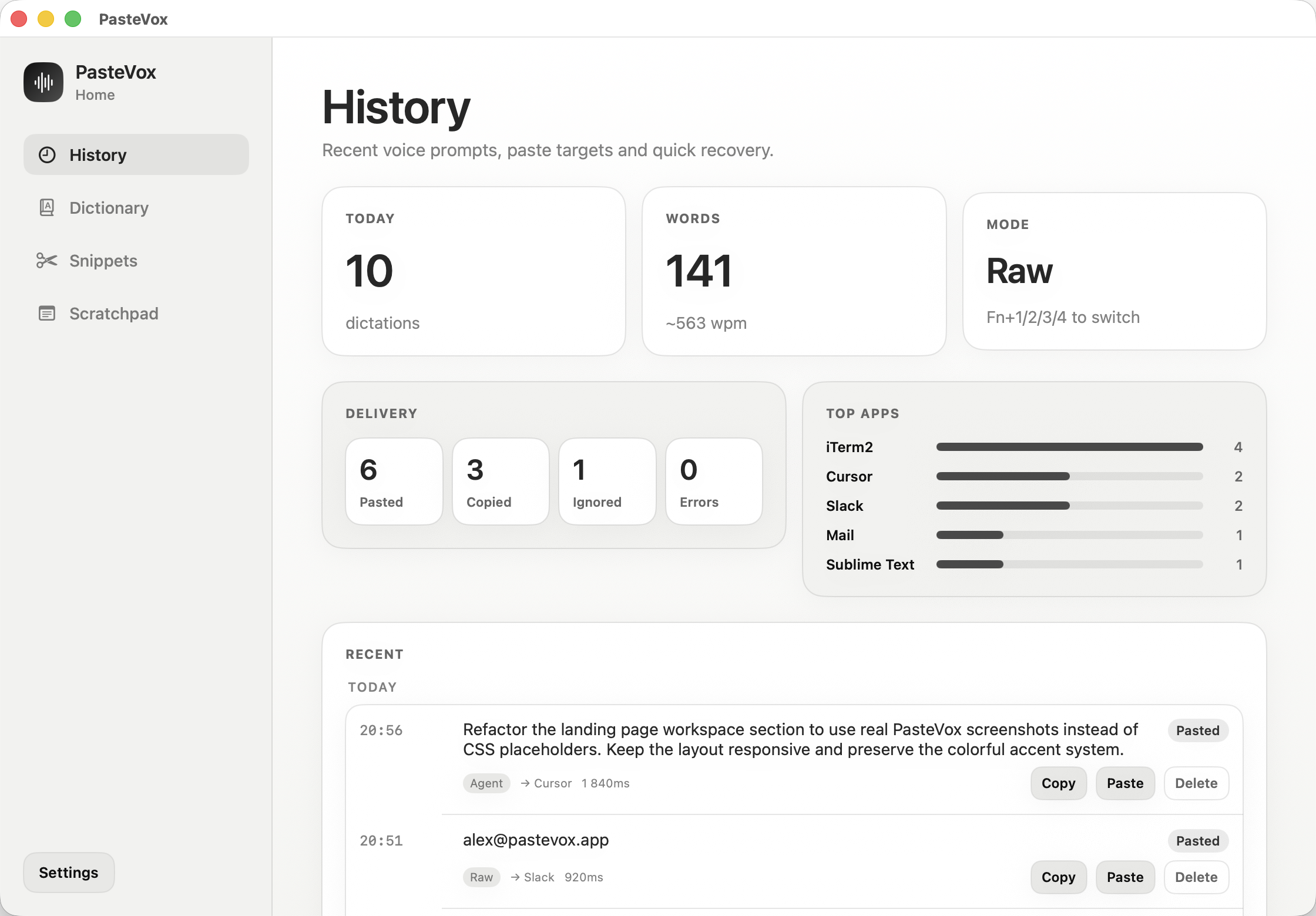 PasteVox Home history screen