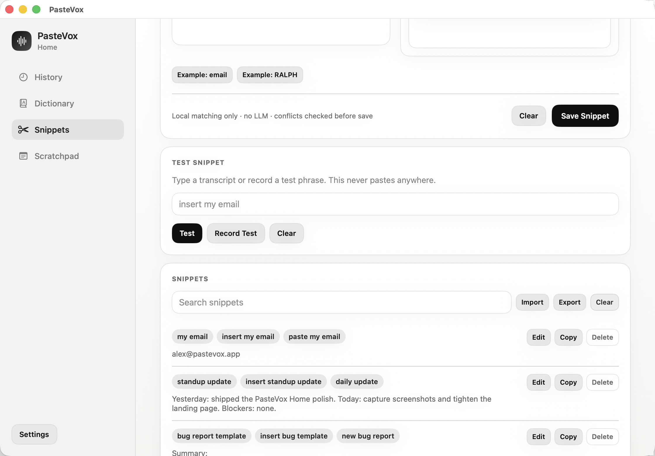 PasteVox snippets screen